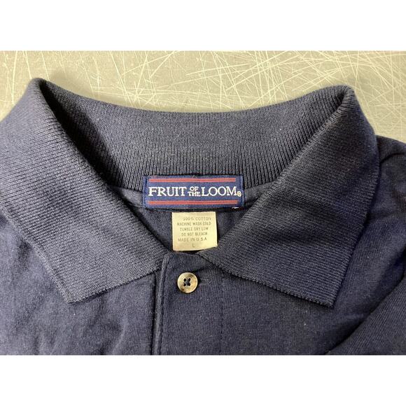 VTG Mens FRUIT OF THE LOOM Polo Shirt Sz Large 90s Navy‎ Blue Plain Short Sleeve - Picture 2 of 2
